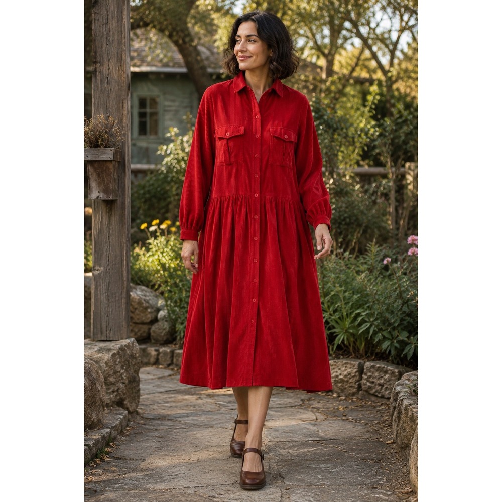 Laura Ashley Womans 10 Shirt Dress Red Corduroy Button Front Long Sleeve Pockets